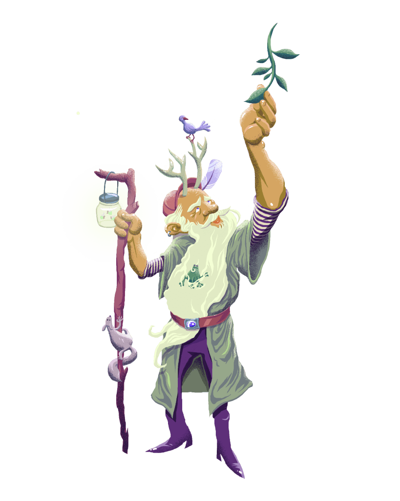 This is an image of a forest-dwelling man that looks like a wizard who is carrying a staff. It is the logo for the poetry section of David O'Boyle's Universe. 